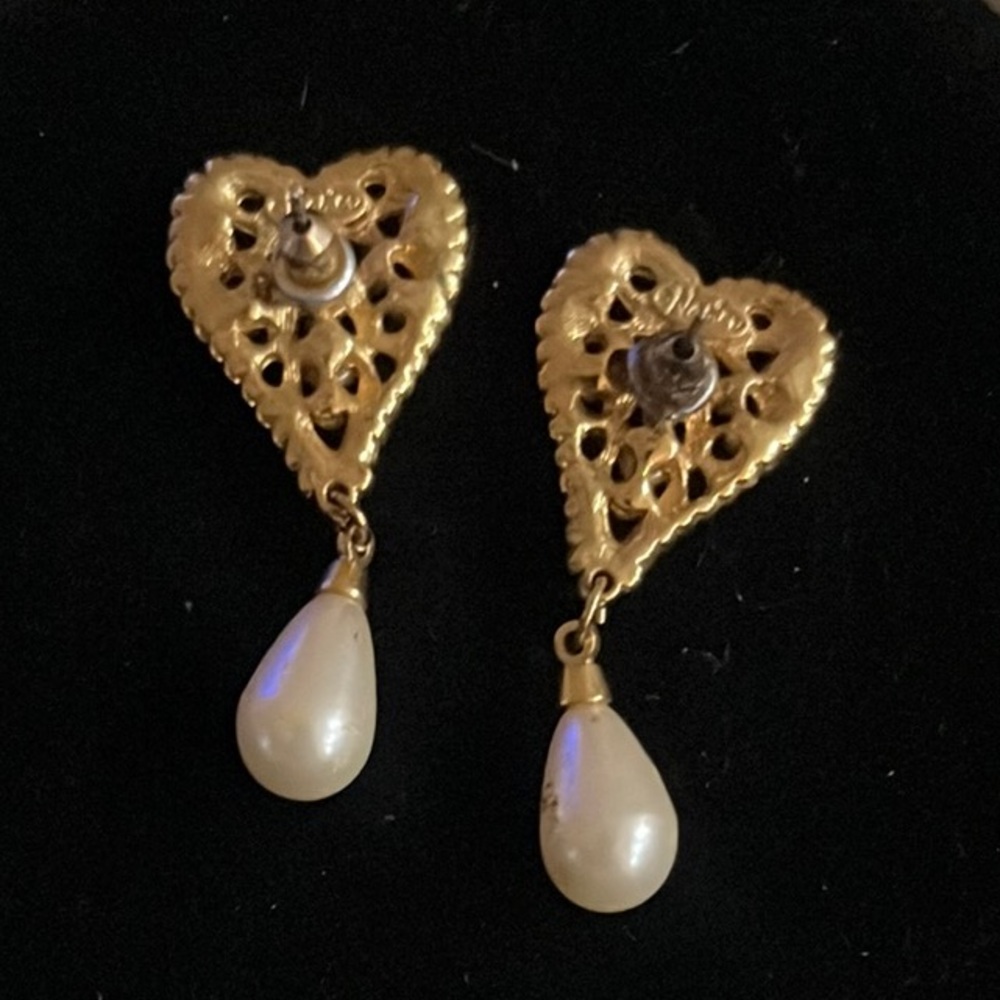 Gold and Cream Heart Drop Earrings with Pearl Accents - Picture 2 of 3